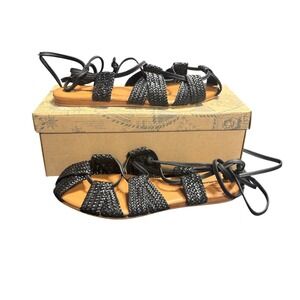 Free People NIB Sunny Gilly Flat Sandals Lace Up Gladiator Black Size 8 MSRP$128